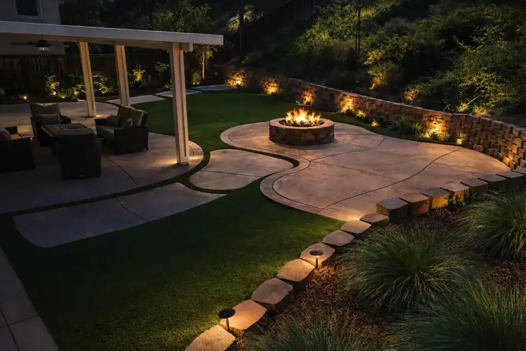Artificial grass backyard with curved patio, fire pit, and warm landscape lighting at night
