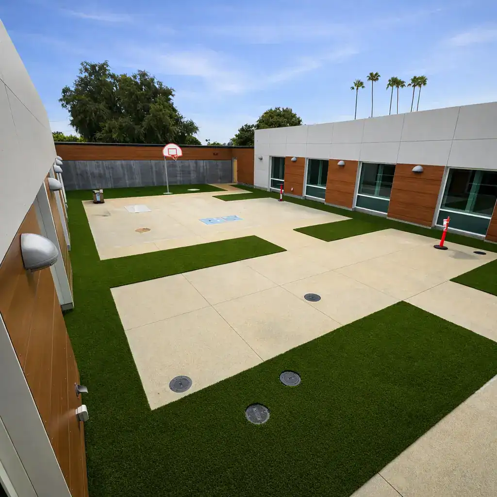 A clean, professional outdoor recreation area at a hospital featuring a basketball hoop, concrete courts, and integrated artificial turf sections.