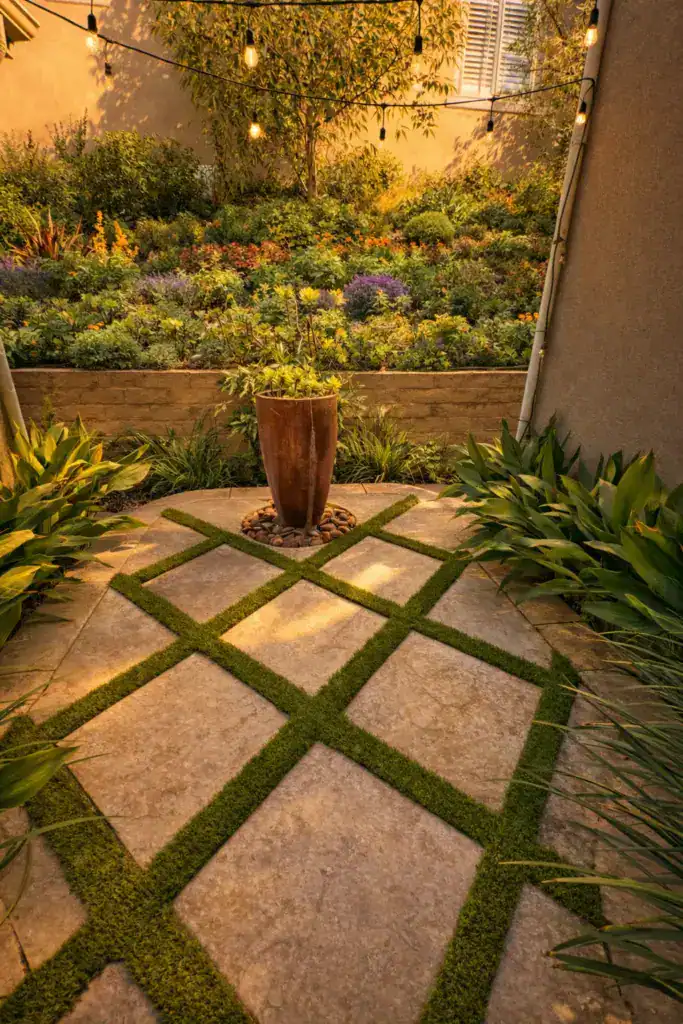 A stone patio featuring a diagonal diamond pattern of artificial turf between pavers, with a large central planter and string lights hanging over a lush garden.