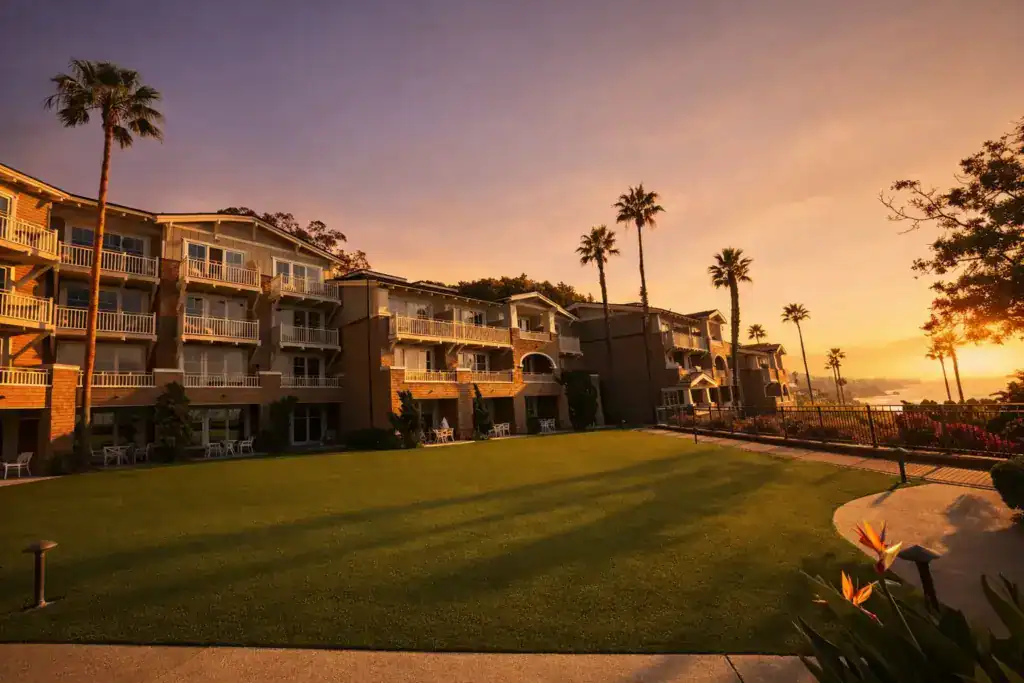 A artificial lawn at a luxury seaside resort during sunset