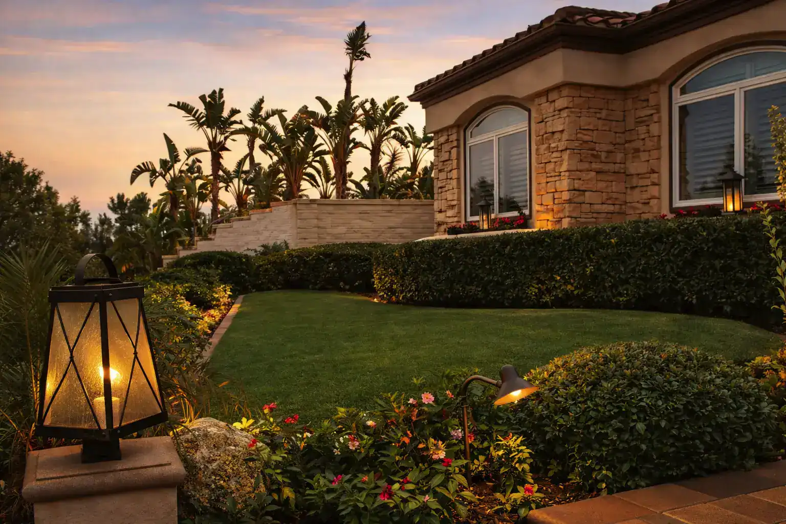 Front yard with artificial grass lawn, clean edging, and enhanced curb appeal