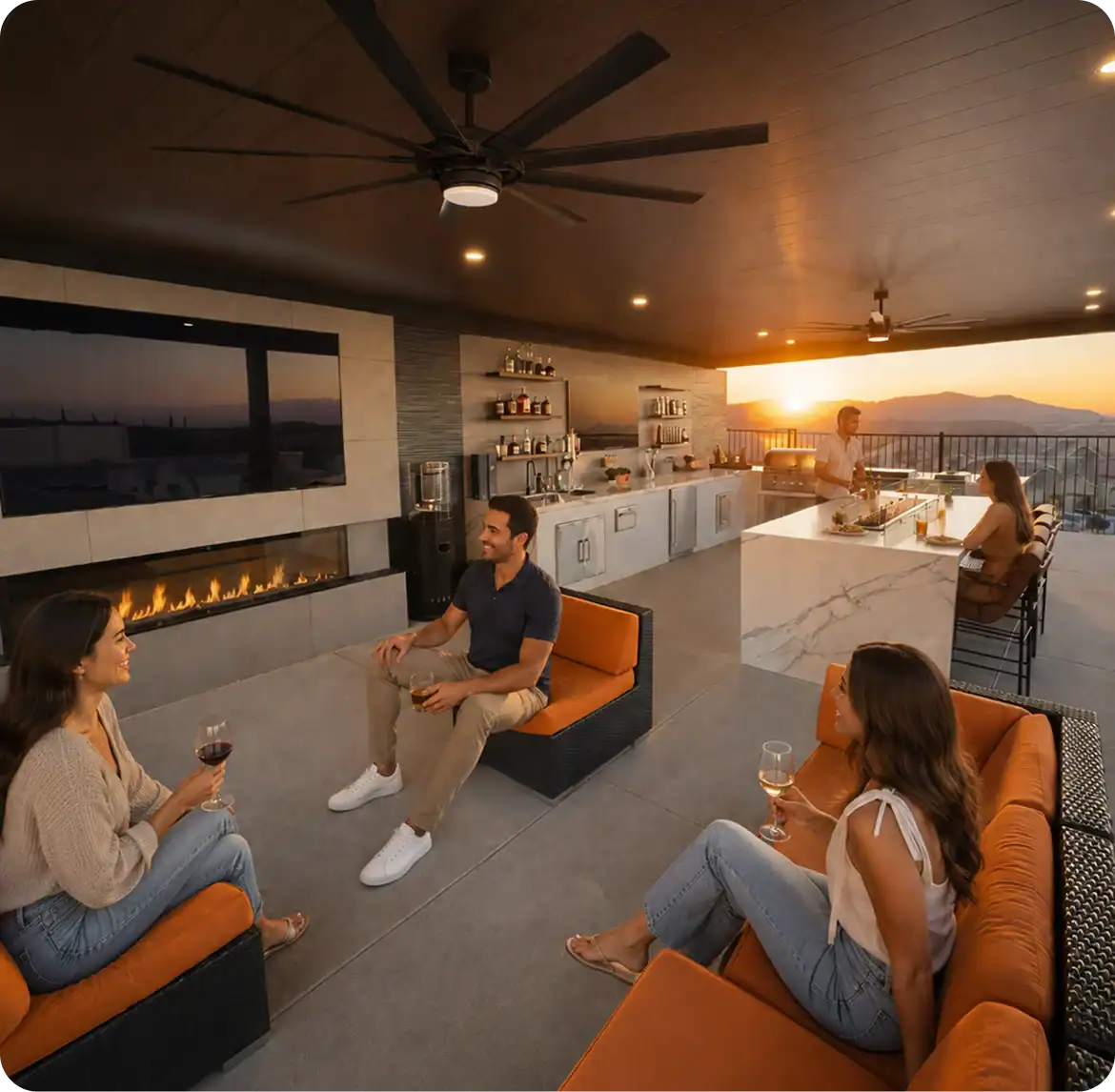 outdoor-kitchen-fire-pit-lounge Friends relaxing in an outdoor kitchen lounge with a fire pit at sunset.