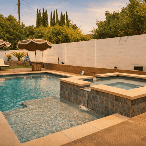 Modern swimming pool with raised spa, tanning ledge, waterfall feature, and poolside relaxation area.