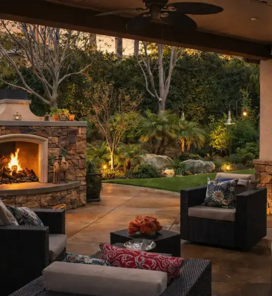Outdoor fireplace and lounge area — Yorba Linda hardscape by Ecoworkz